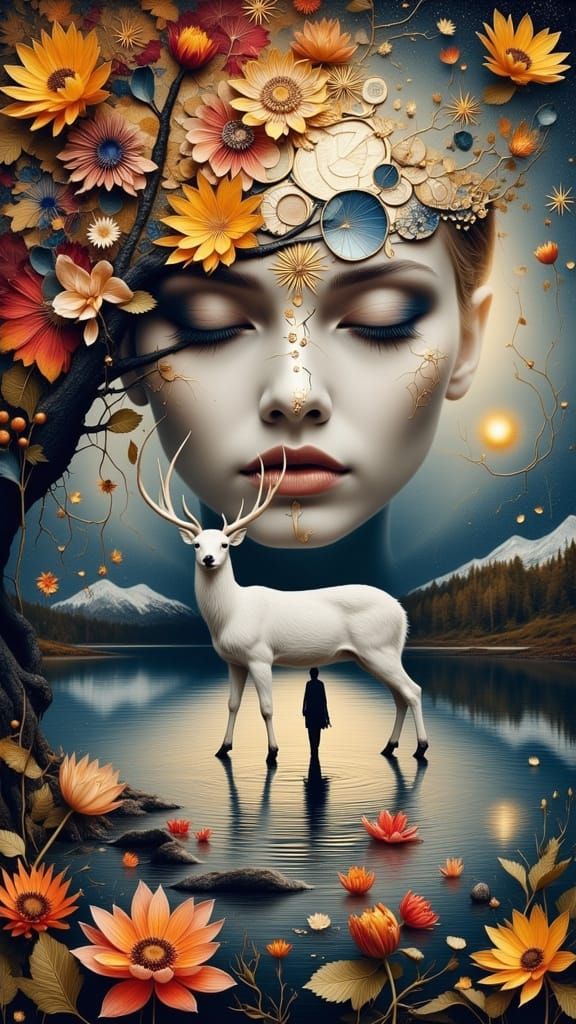 Ethereal Double Exposure: Woman and Mystical Deer