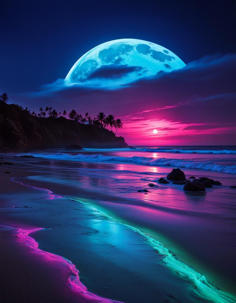 Neon Punk Beach Scene with Bioluminescent Tide