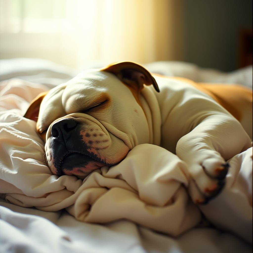 Serene American Bulldog Lies on Fresh Linens