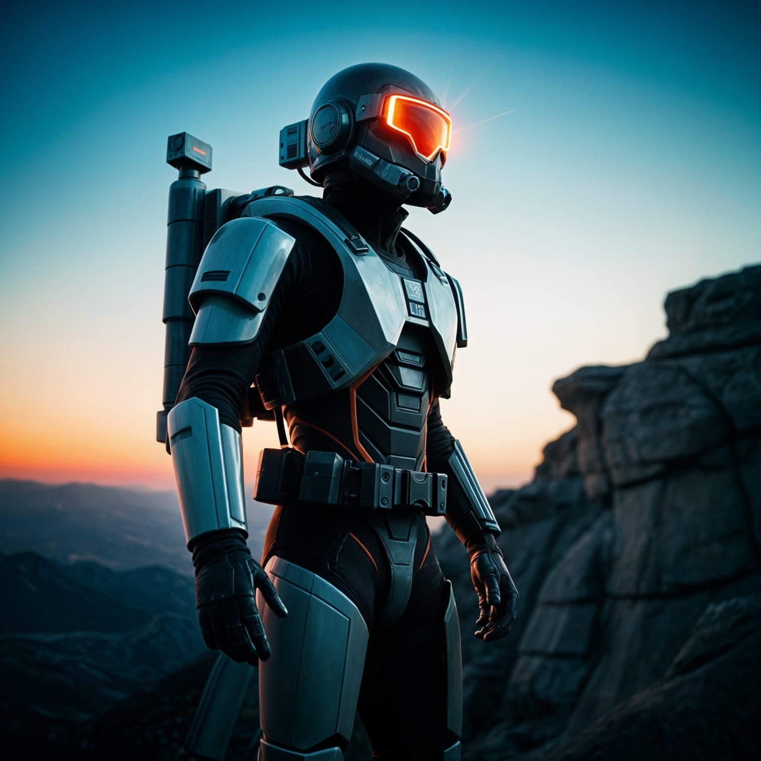 Epic Futuristic Soldier in Neon-Lit Cliffside Landscape