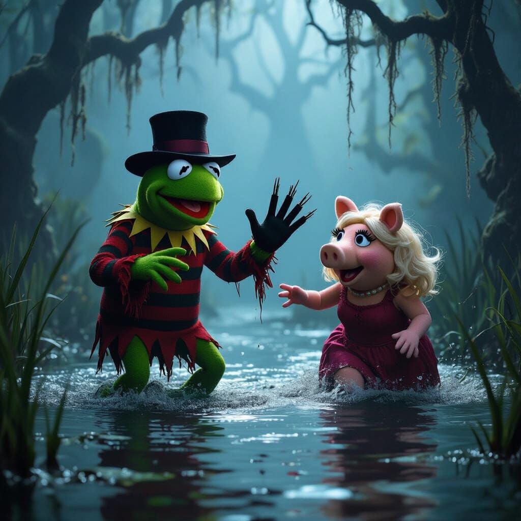 Kermit as Freddy Krueger Chasing Ms. Piggy in Swamp