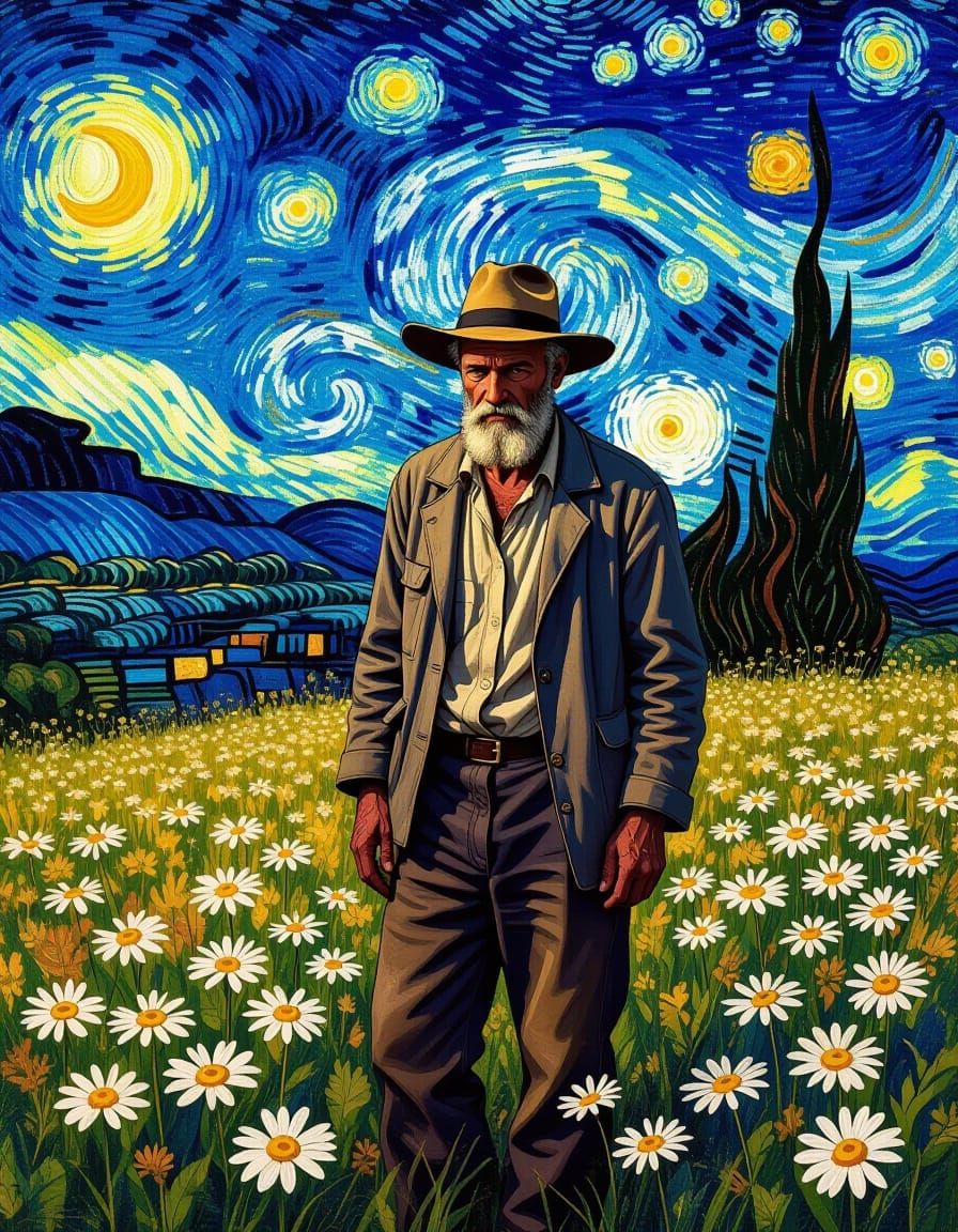 Homeless Man in Meadow, Van Gogh Style