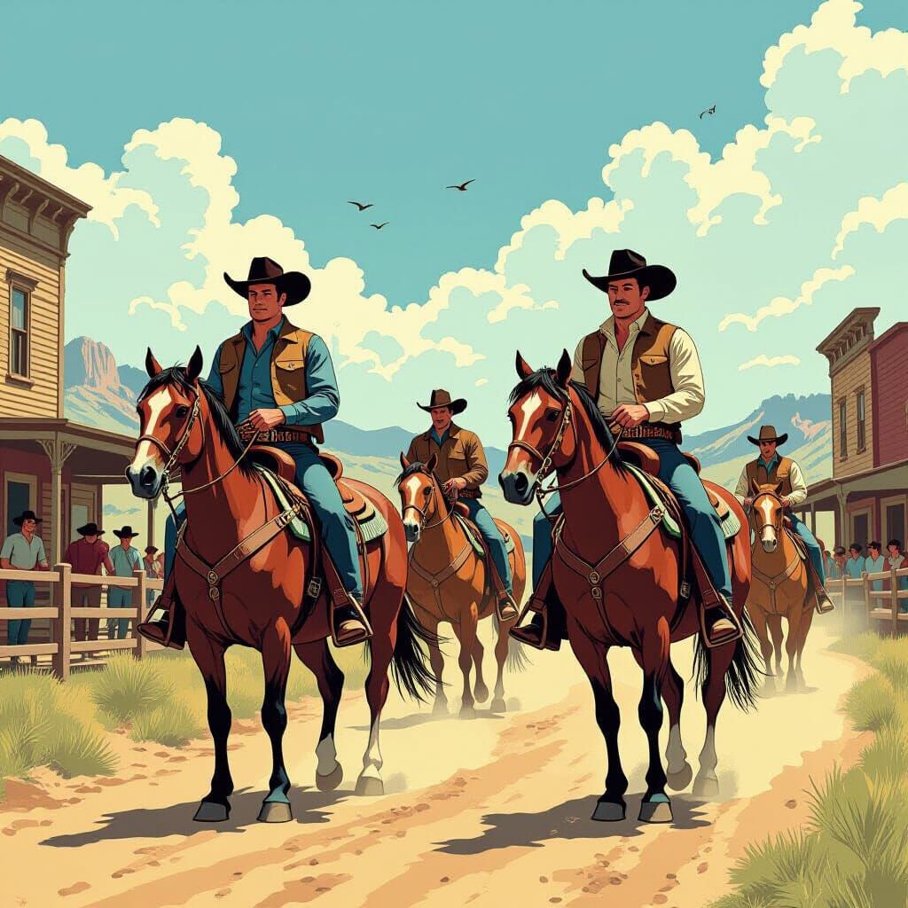 Old West Heroes Herd Cattle in Comic Book Style