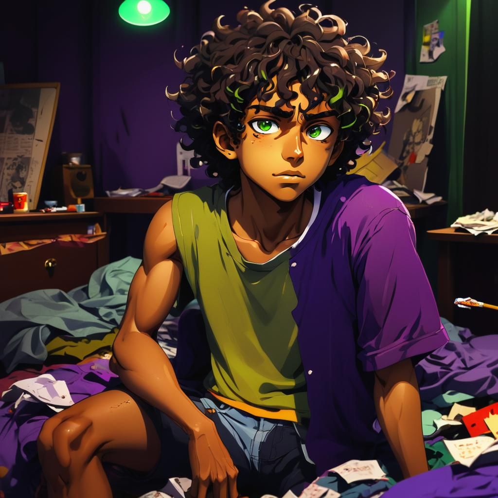 Chiseled Anime Hero Exhales in Vibrant, Cel-Shaded Bedchambe...