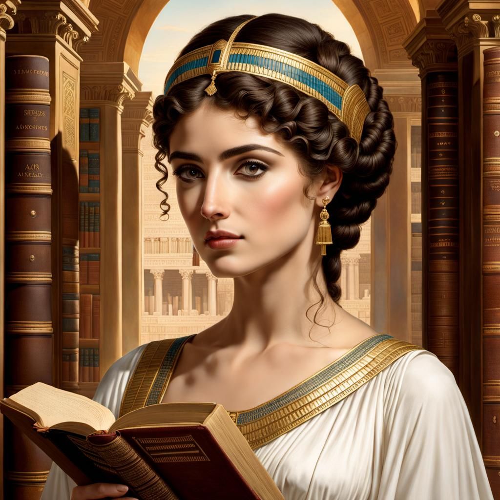 Portrait of Hypatia of Alexandria in Ancient Library