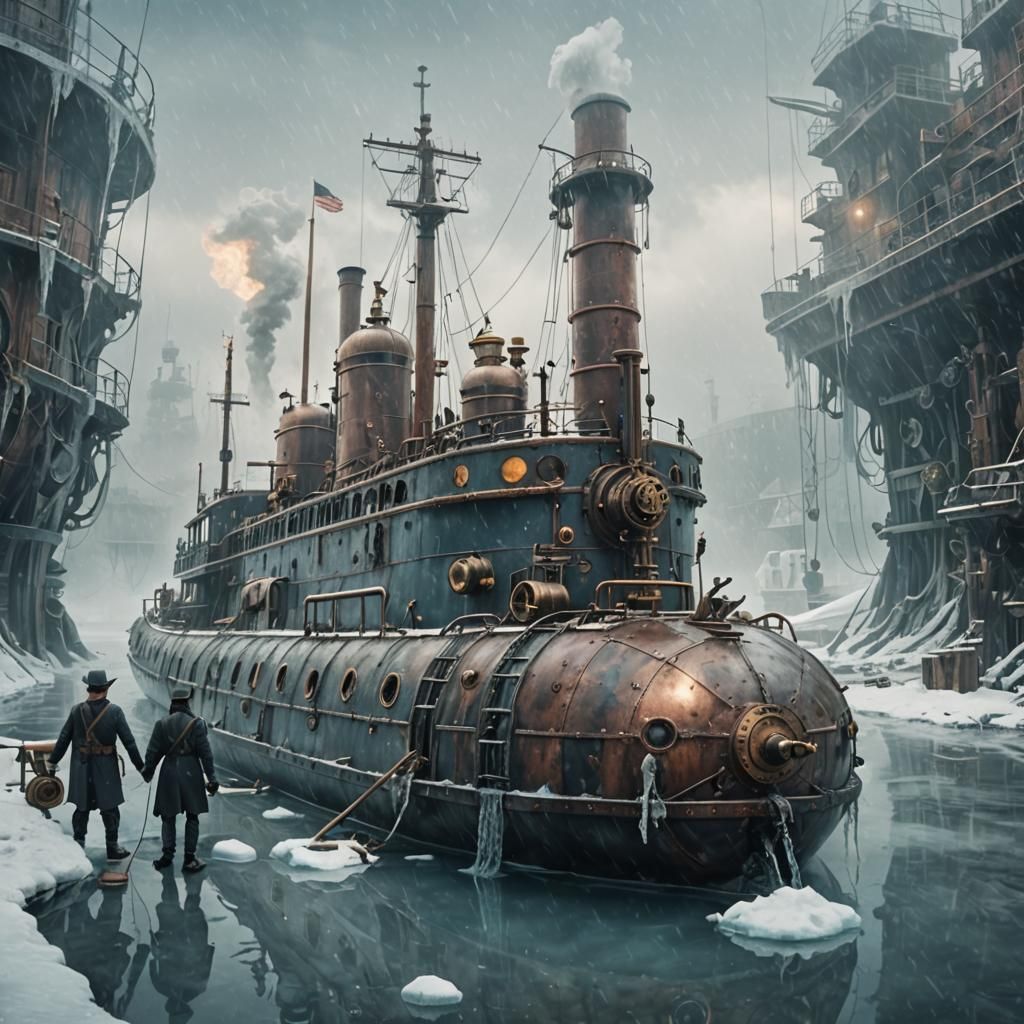 Steampunk Submarine Trapped in Icy Shipyard