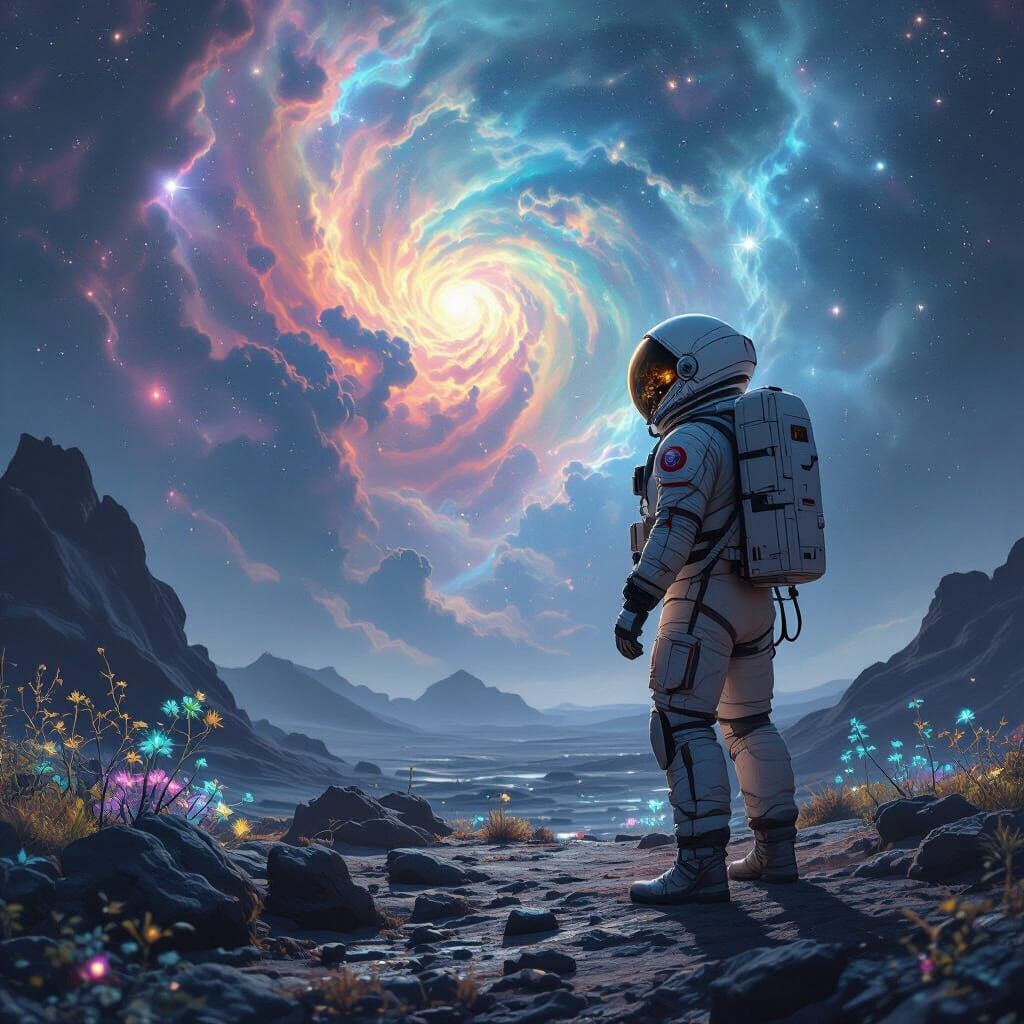 Astronaut on Alien Planet Gazing at Nebula