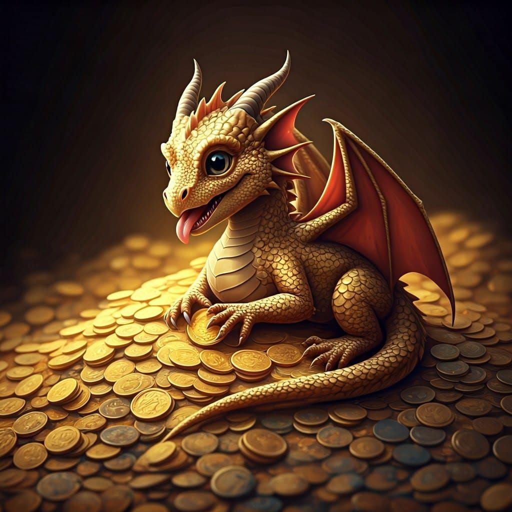 Golden Dragon Cub on Treasure Pile