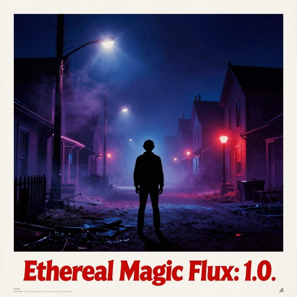 1980s Horror Poster of Foggy Town with Neon Lights