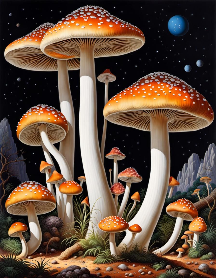 Toxic Mushrooms in Australian Outback, Dot Art Style