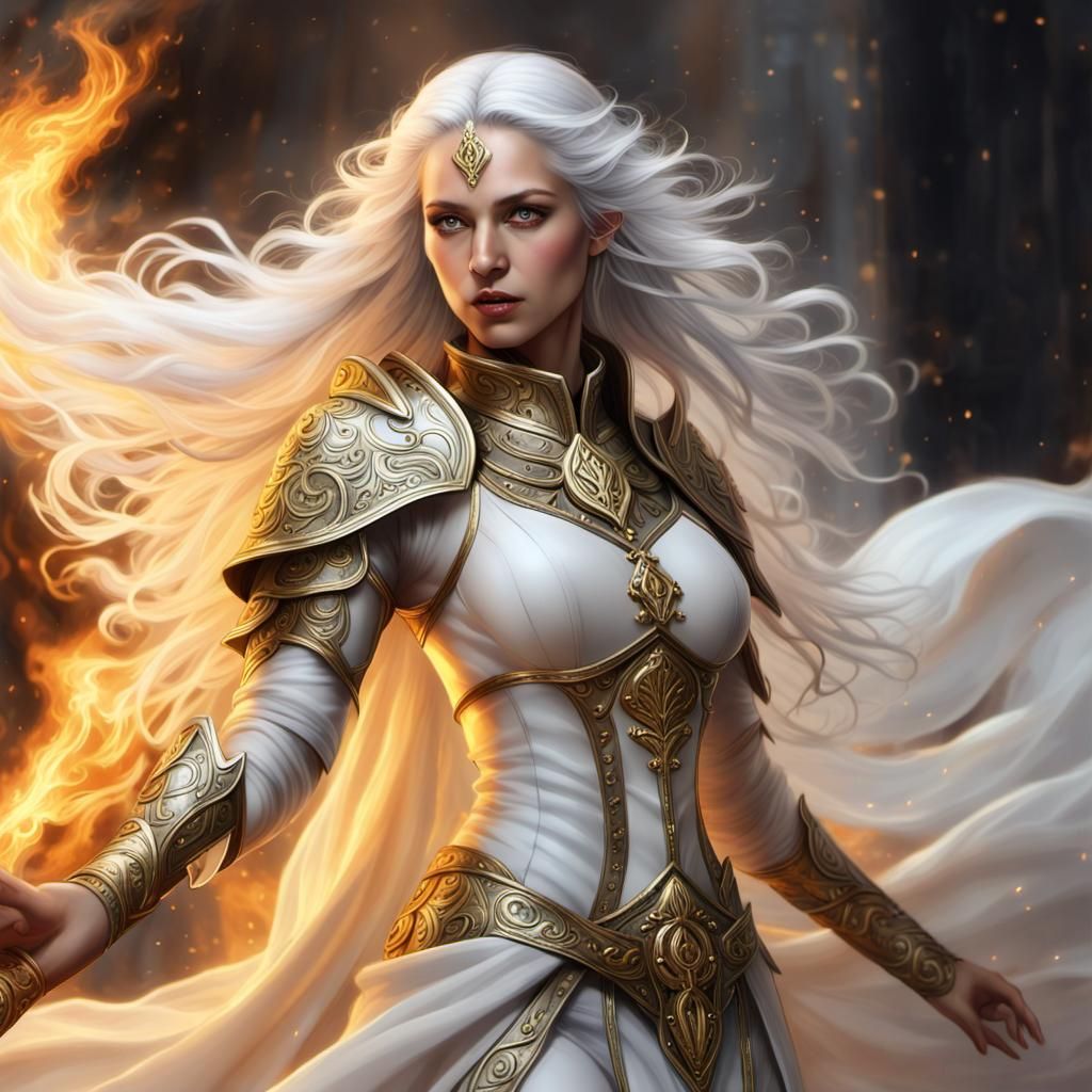 Aasimar Cleric Channels Holy Fire in Digital Art Style