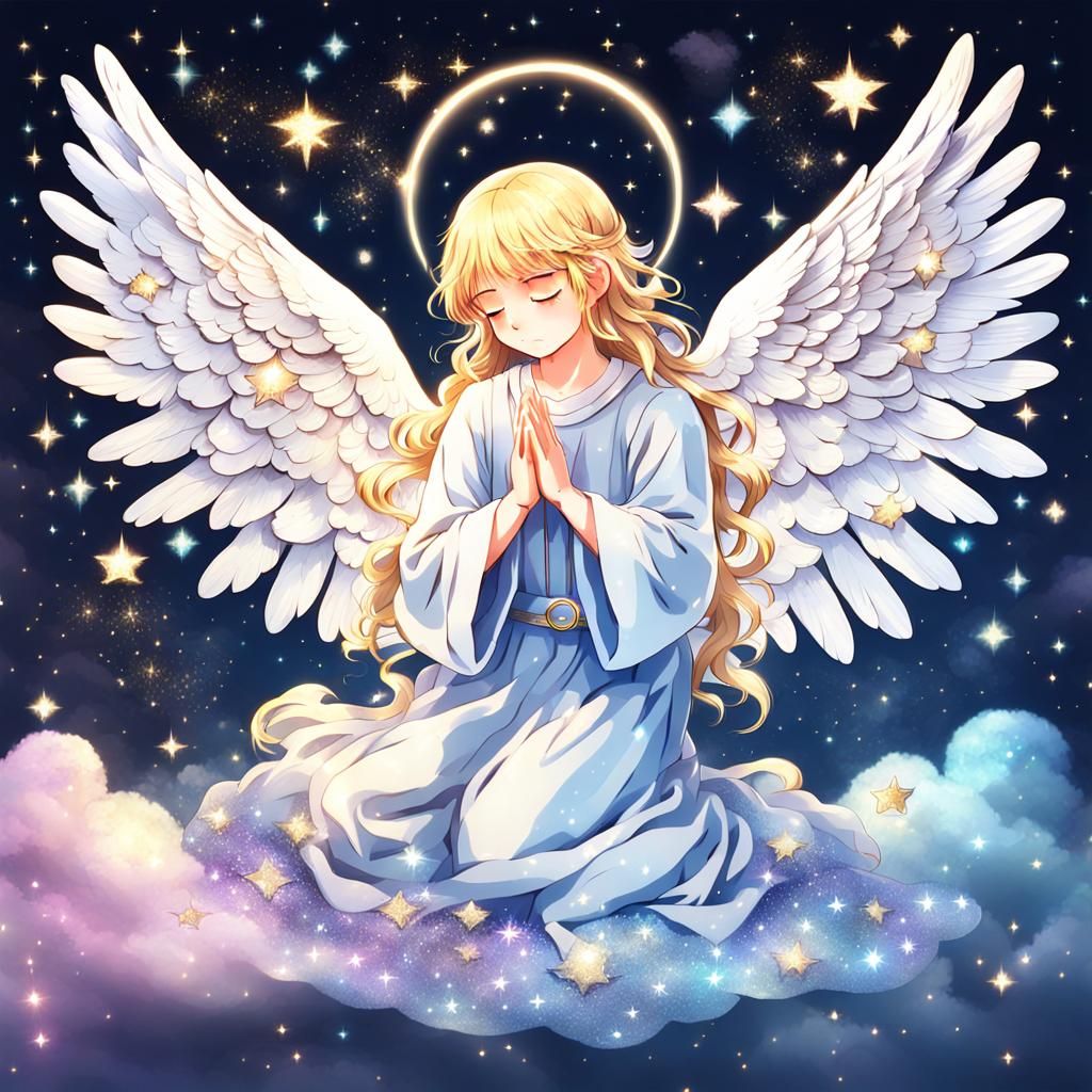 Sad Angel Praying in Starry Anime Style