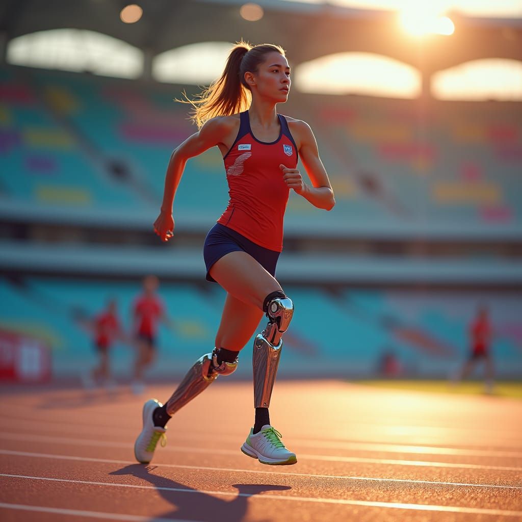 Hyperrealistic Paralympic Runner in Stadium at Golden Hour