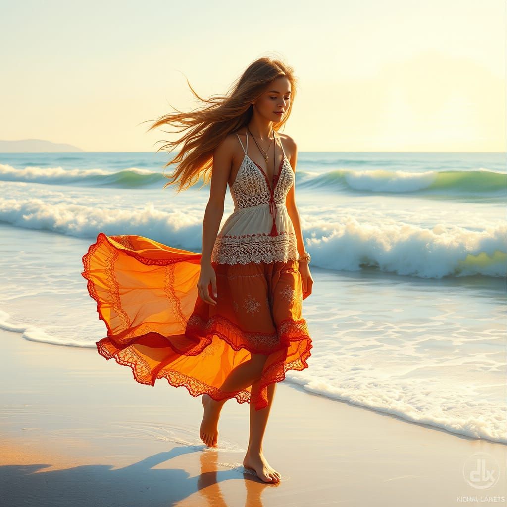 a girl walking along the beach