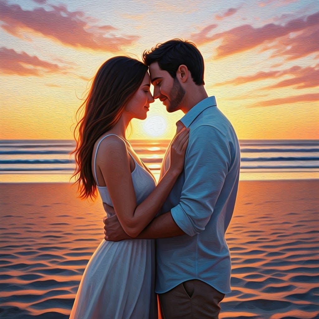 Couple Seated on Beach at Sunset with Hands Entwined