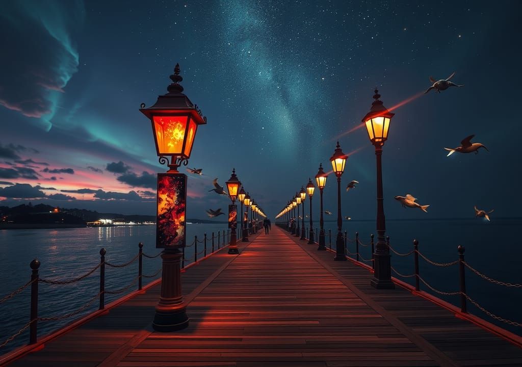 Surreal Star Lamps on Pier with Magic Worlds