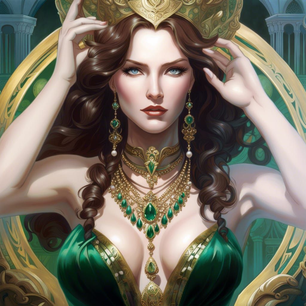 Goddess in Emerald Corset, Hyper-Detailed Digital Art
