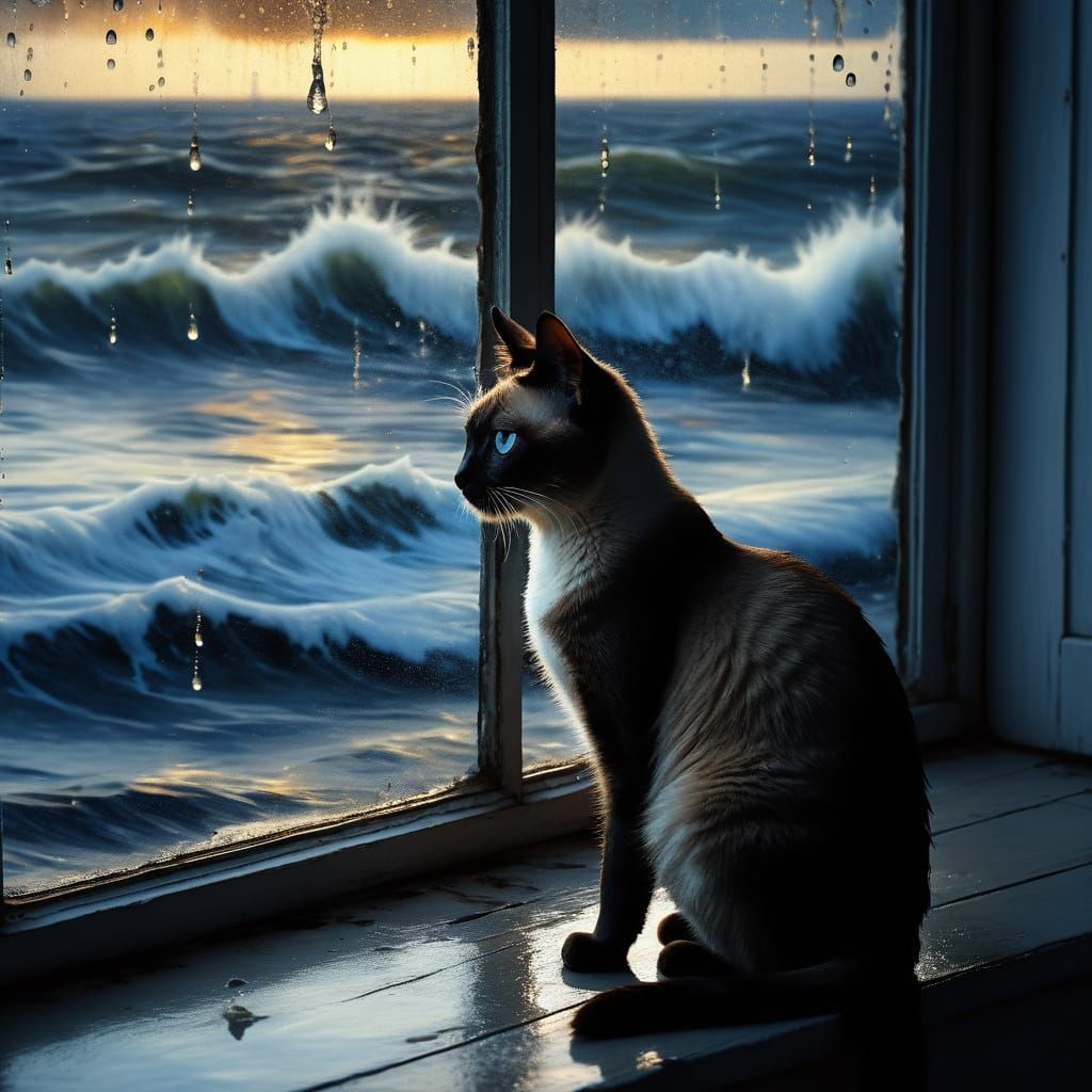 Siamese Cat in Lighthouse Window at Golden Hour