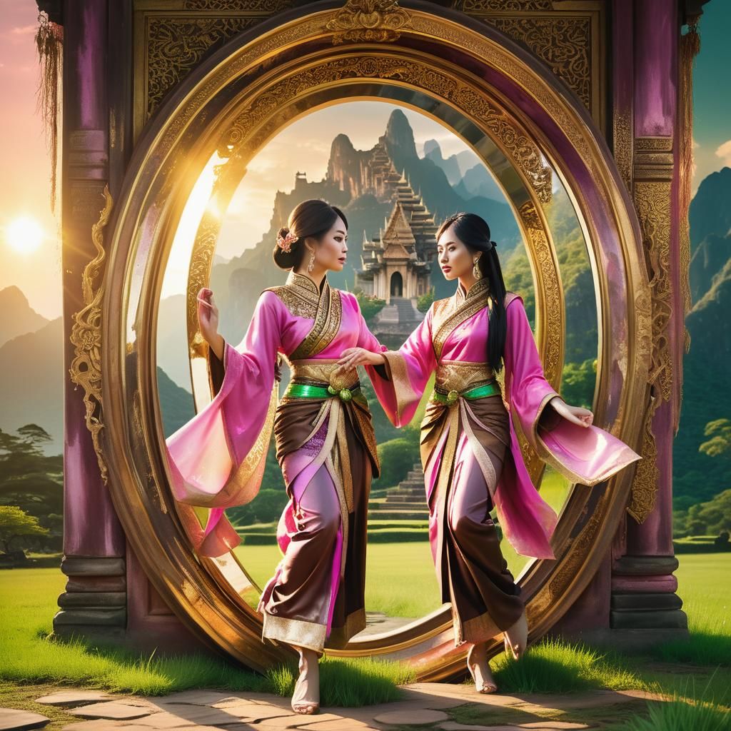 Asian Woman Emerges From Mirror in Anime Style