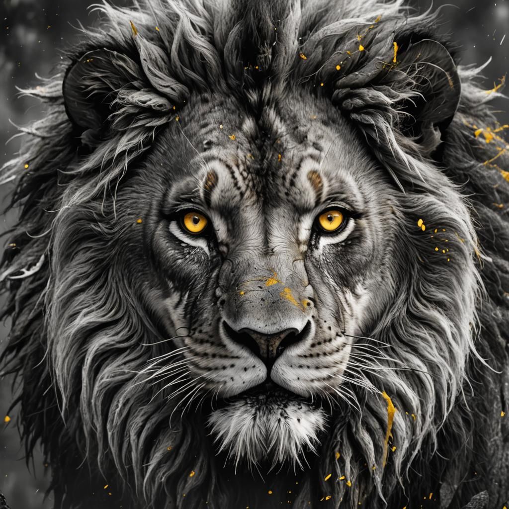 Monochrome Lion Muzzle with Yellow Eyes, Junglecore Style