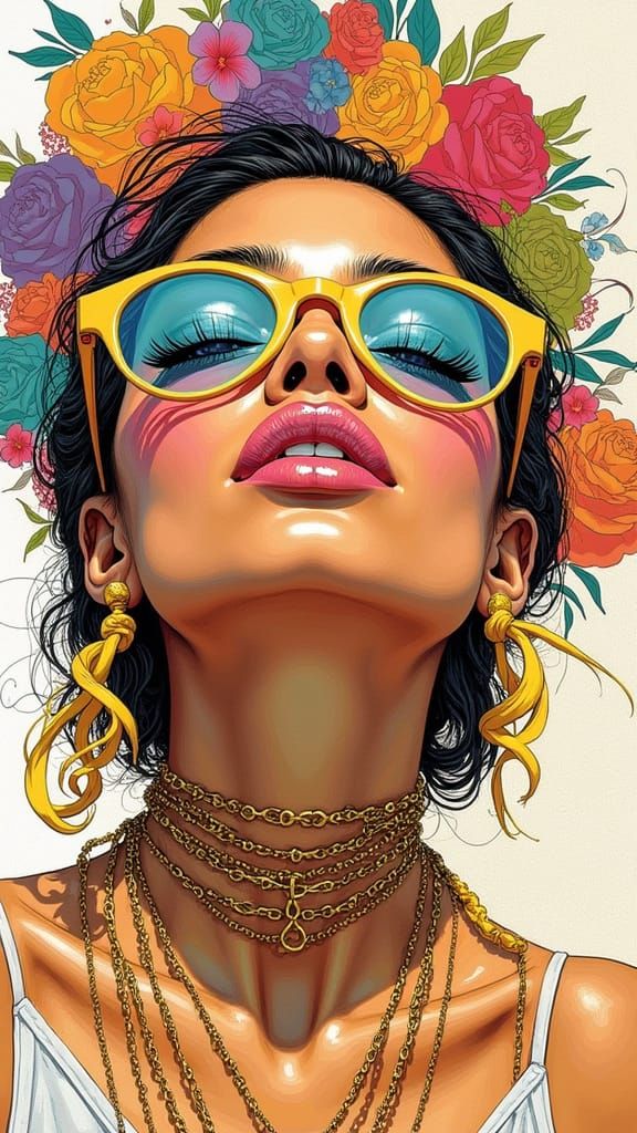 Neon Pop Art Portrait of a Funky Woman in Braids and Sunglas...