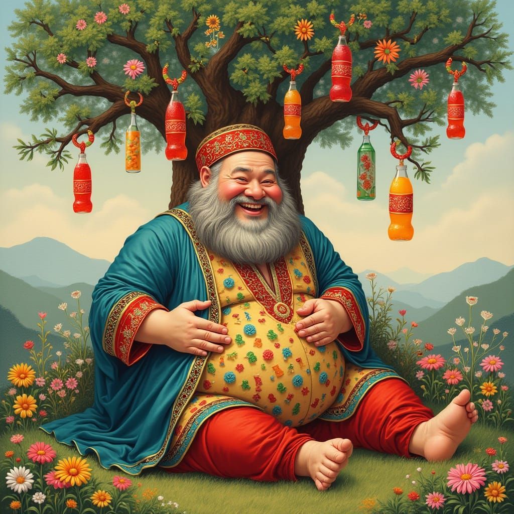 Jovial Persian Gentleman Surrounded by Whimsical Candy Tree ...