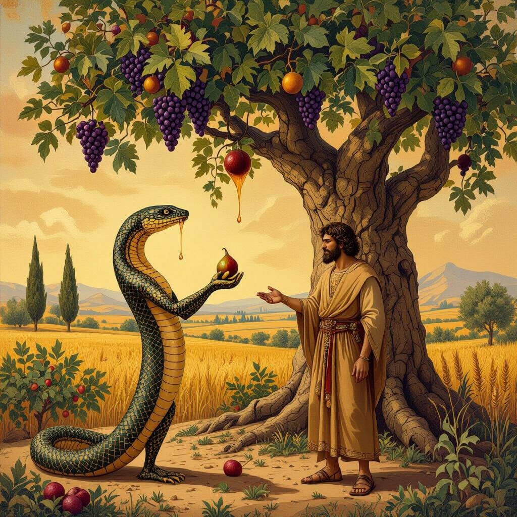 Biblical Serpent Offers Fig in Ancient Style