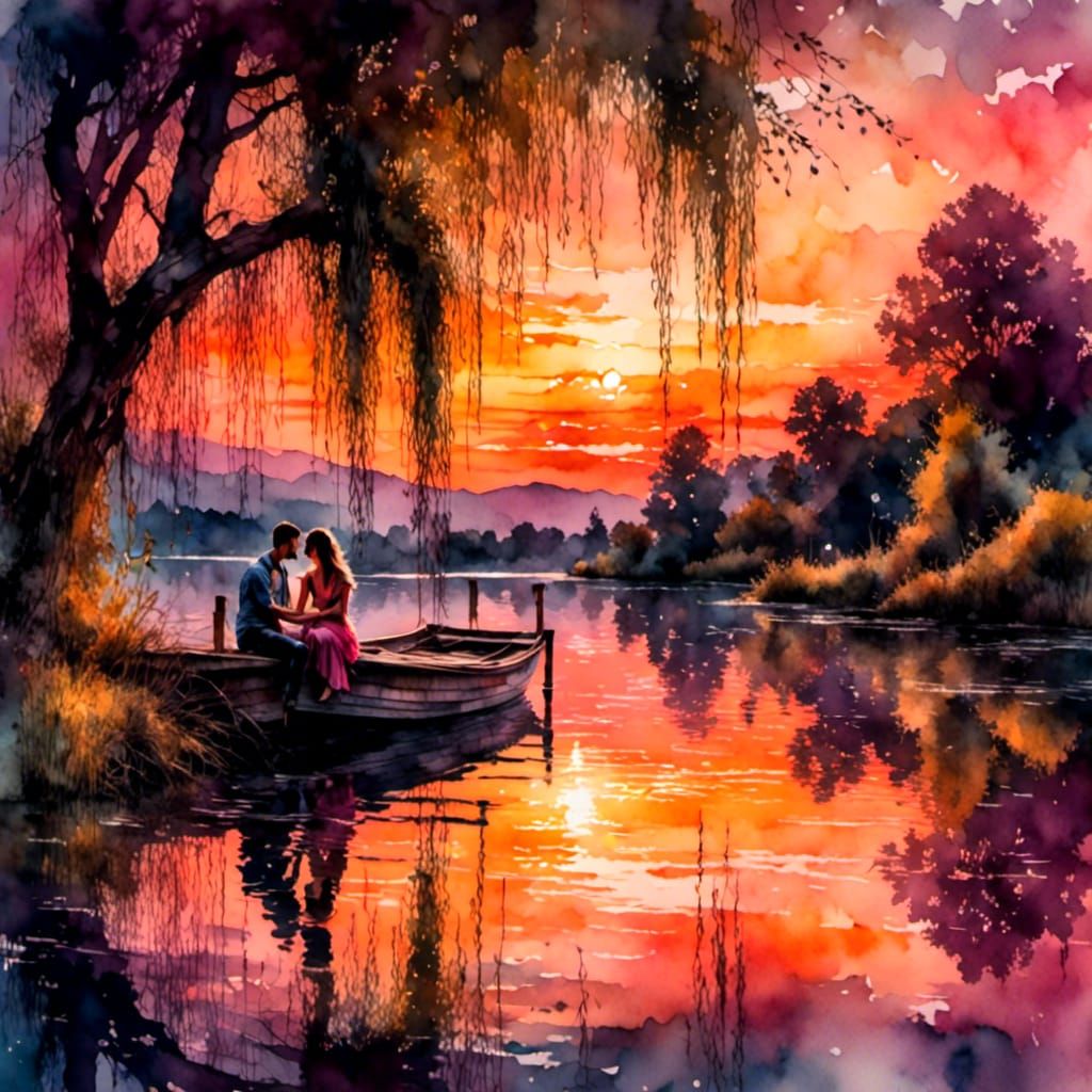 Impressionist Sunset Scene with Couple in Watercolor Style