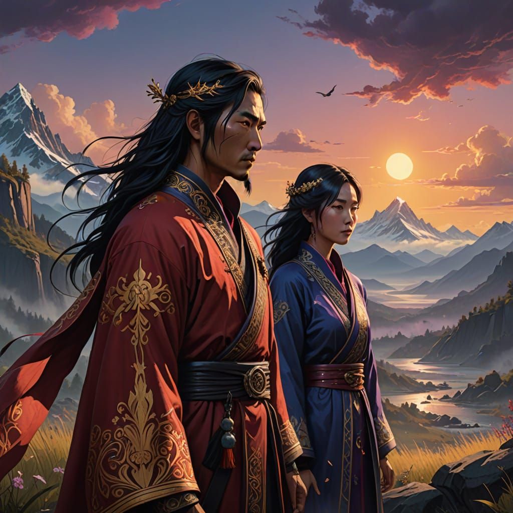 Ethereal Asian Wedding Couple in Majestic Mountain Landscape