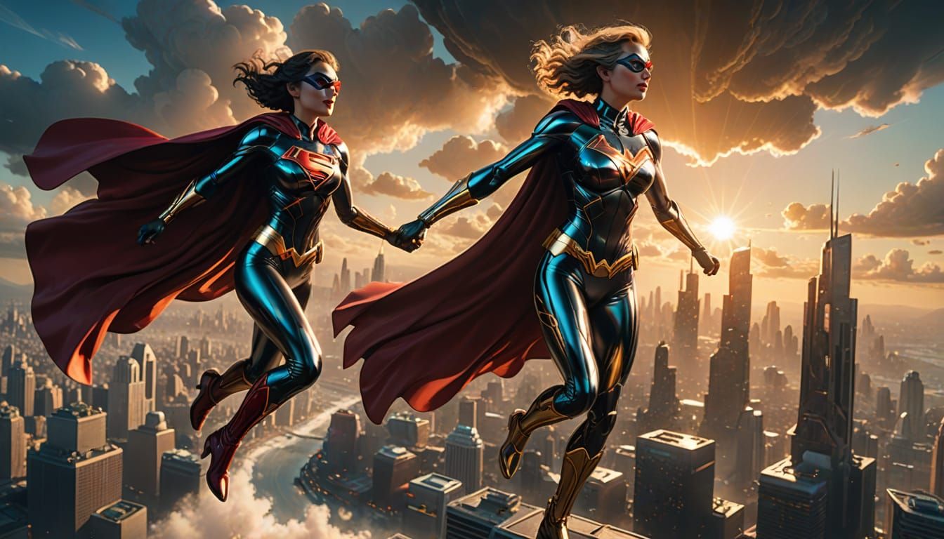 Superheroine Soars Above Metropolis in Golden Light