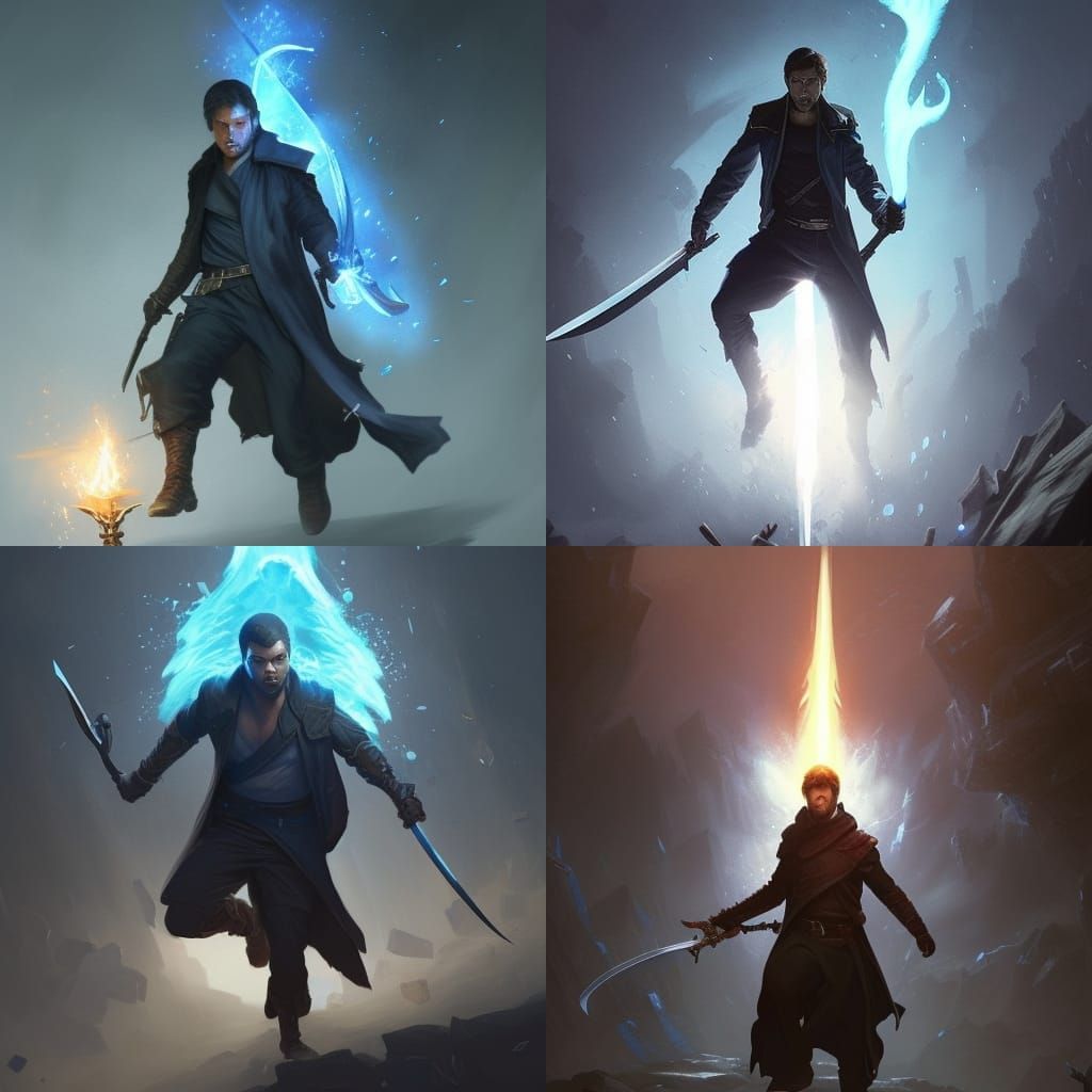 Fantasy Swordsman Surrounded by Blue Flame in High Quality