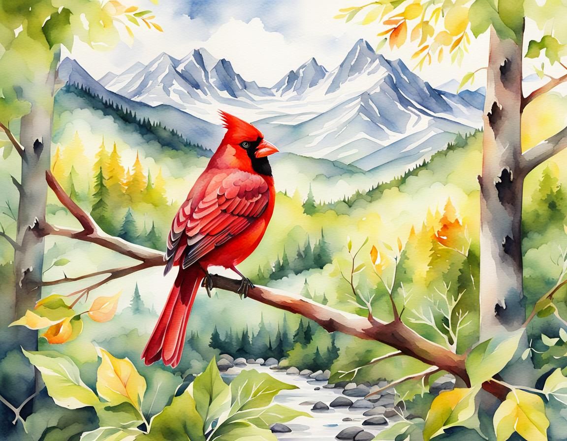 Watercolor Cardinal in Lush Forest Scene