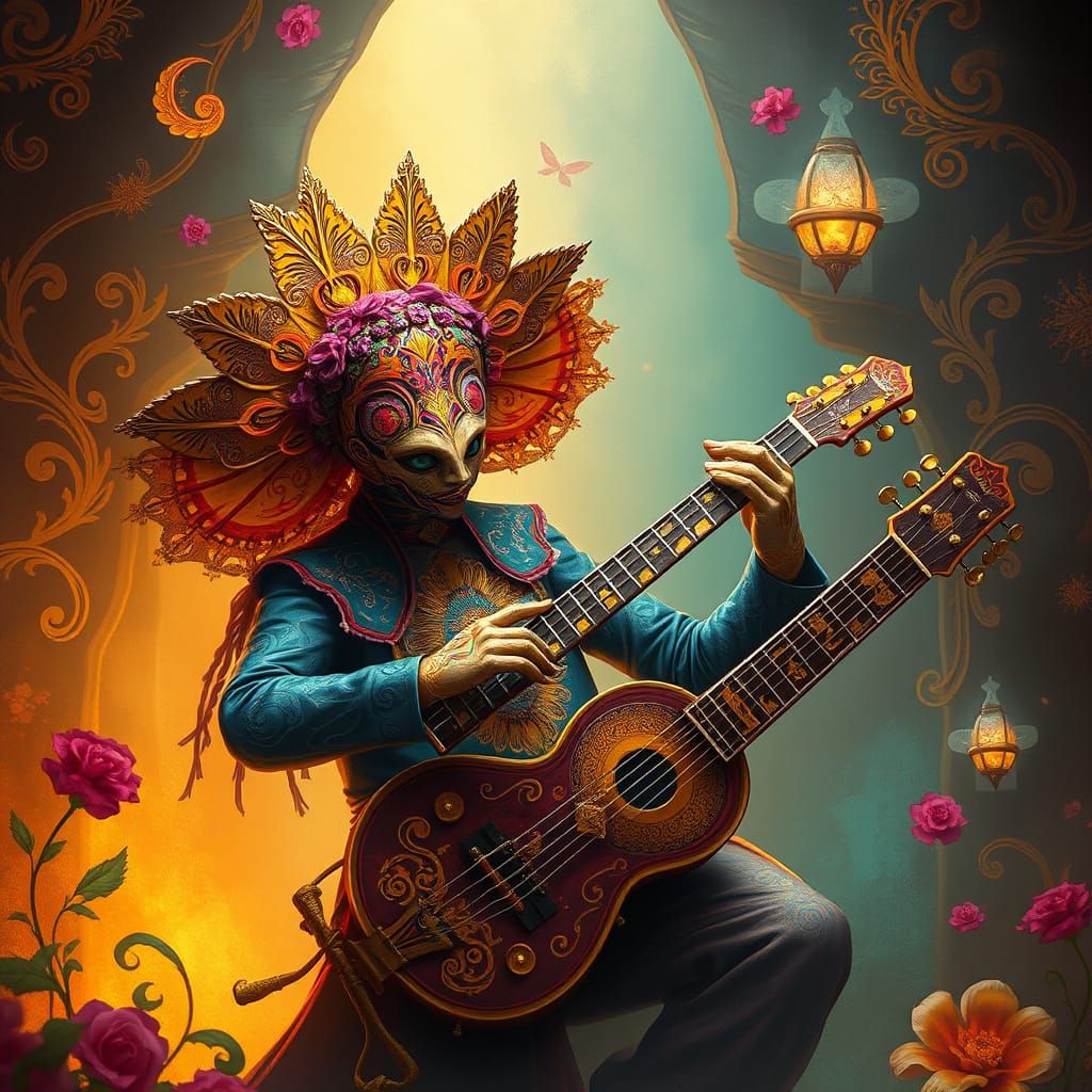 Surreal Mariachi Cucaracha in Vibrant, Dreamlike Setting