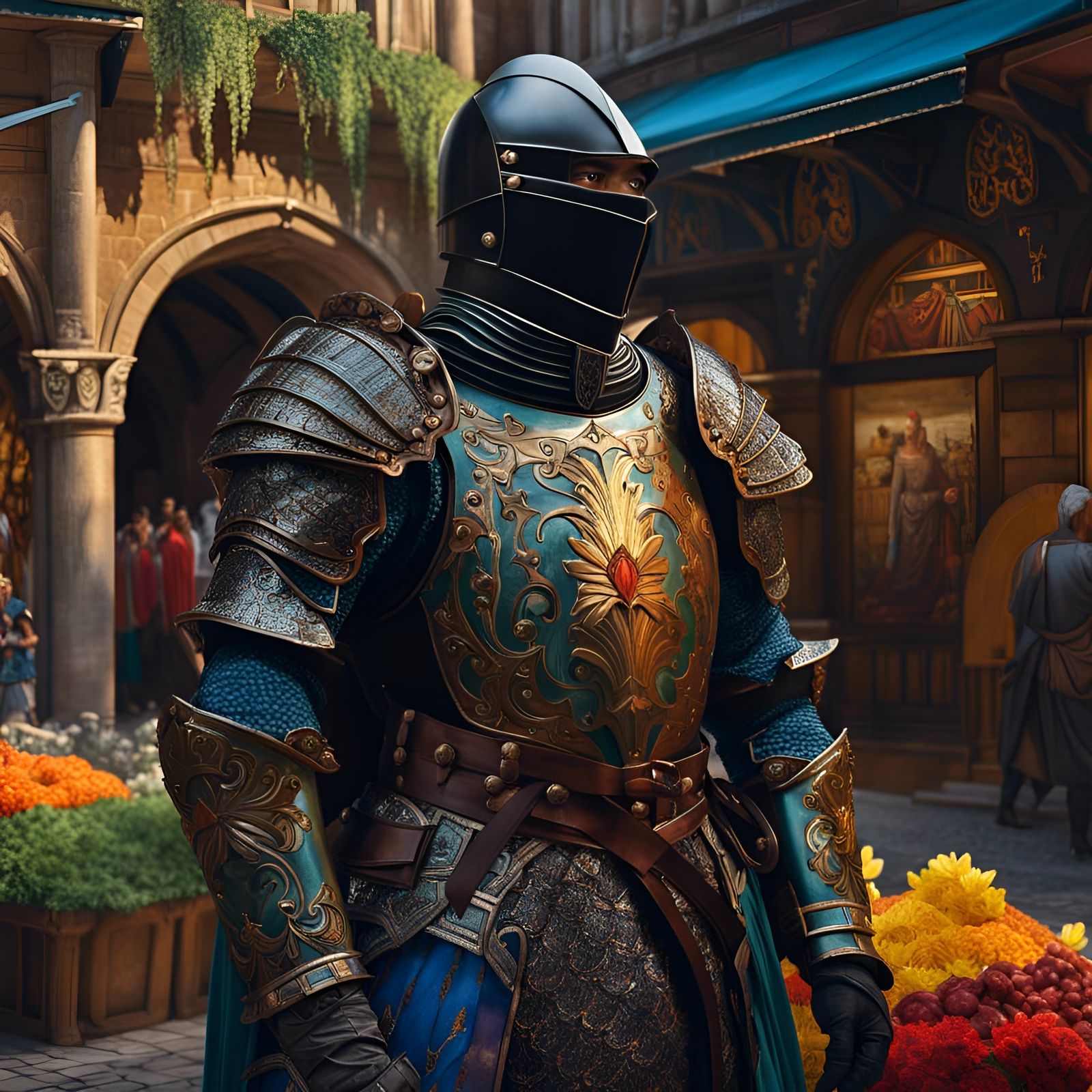 Ornate Black Knight in Lush Medieval Kingdom