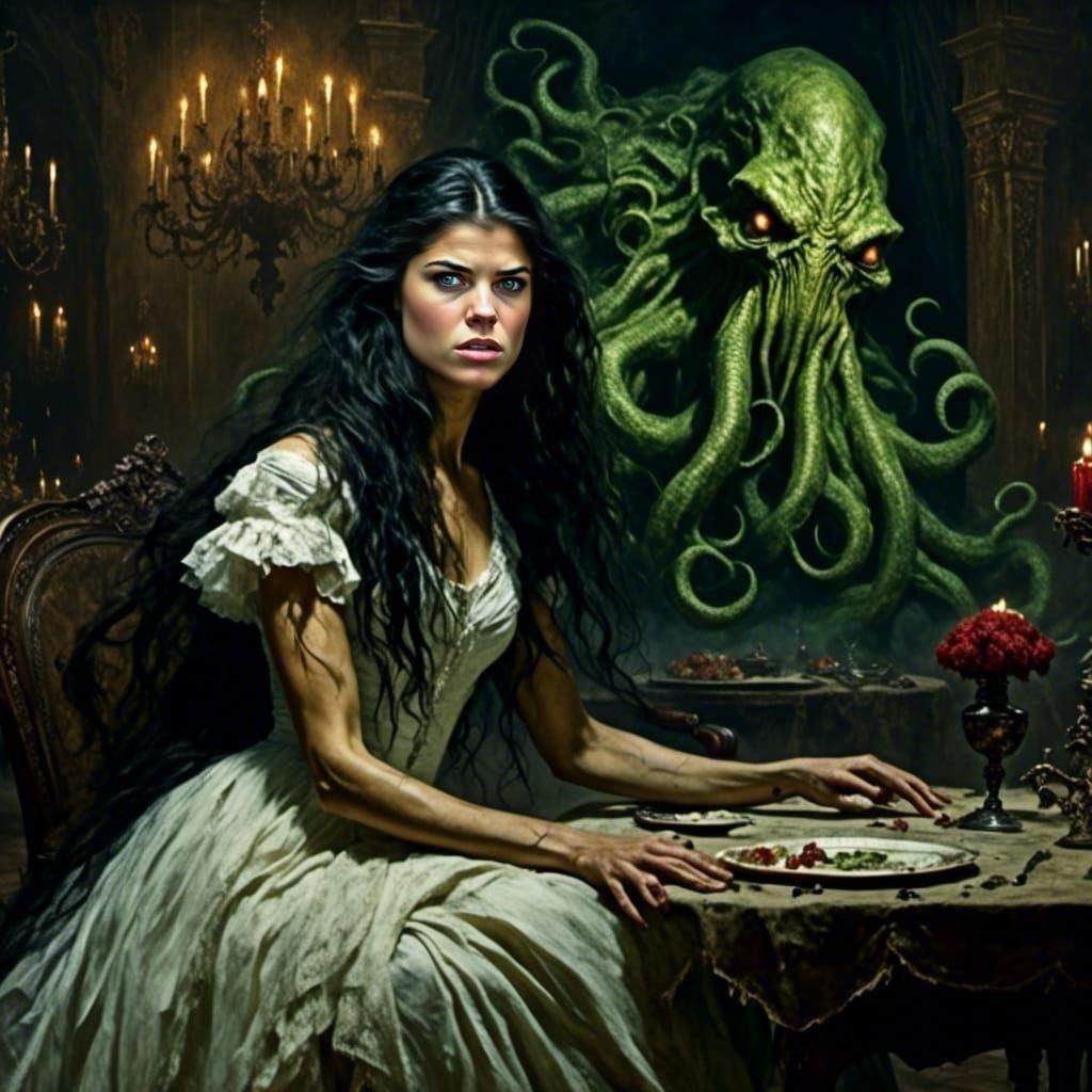 Cthulhu Menaces Woman in 1930s Mansion, Oil Painting