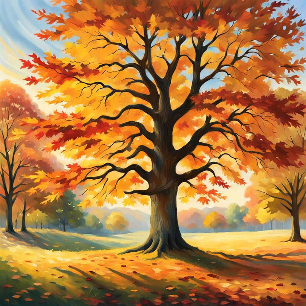 Majestic Maple Tree in Impressionist Autumn Landscape