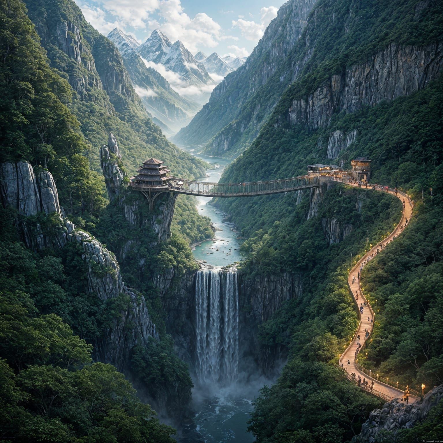 Mountain Valley Observation Deck with Waterfall and Rope Bri...