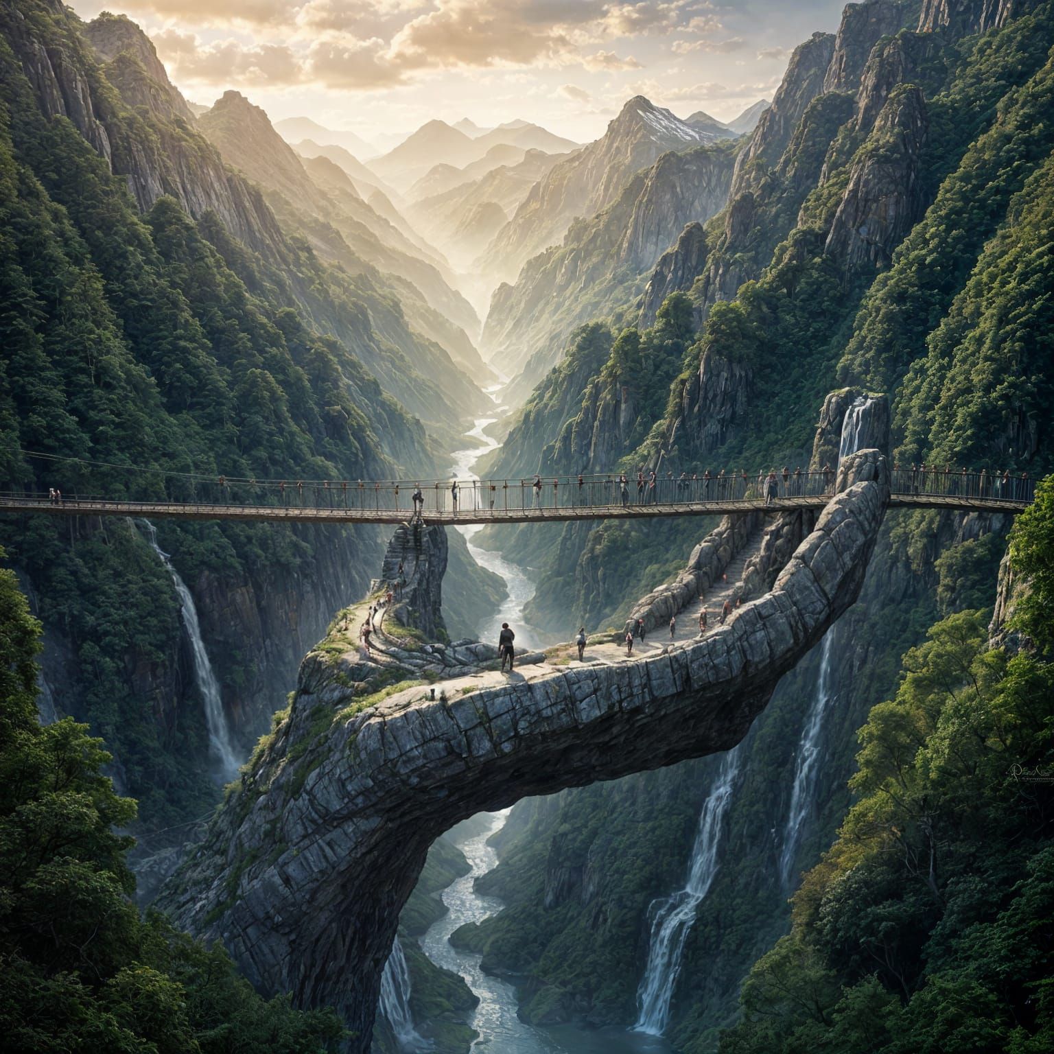 Mountain Valley Observation Deck with Waterfall and Rope Bri...