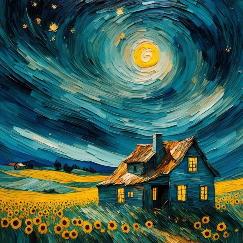 Cabin in Sunflower Field: Van Gogh Impression