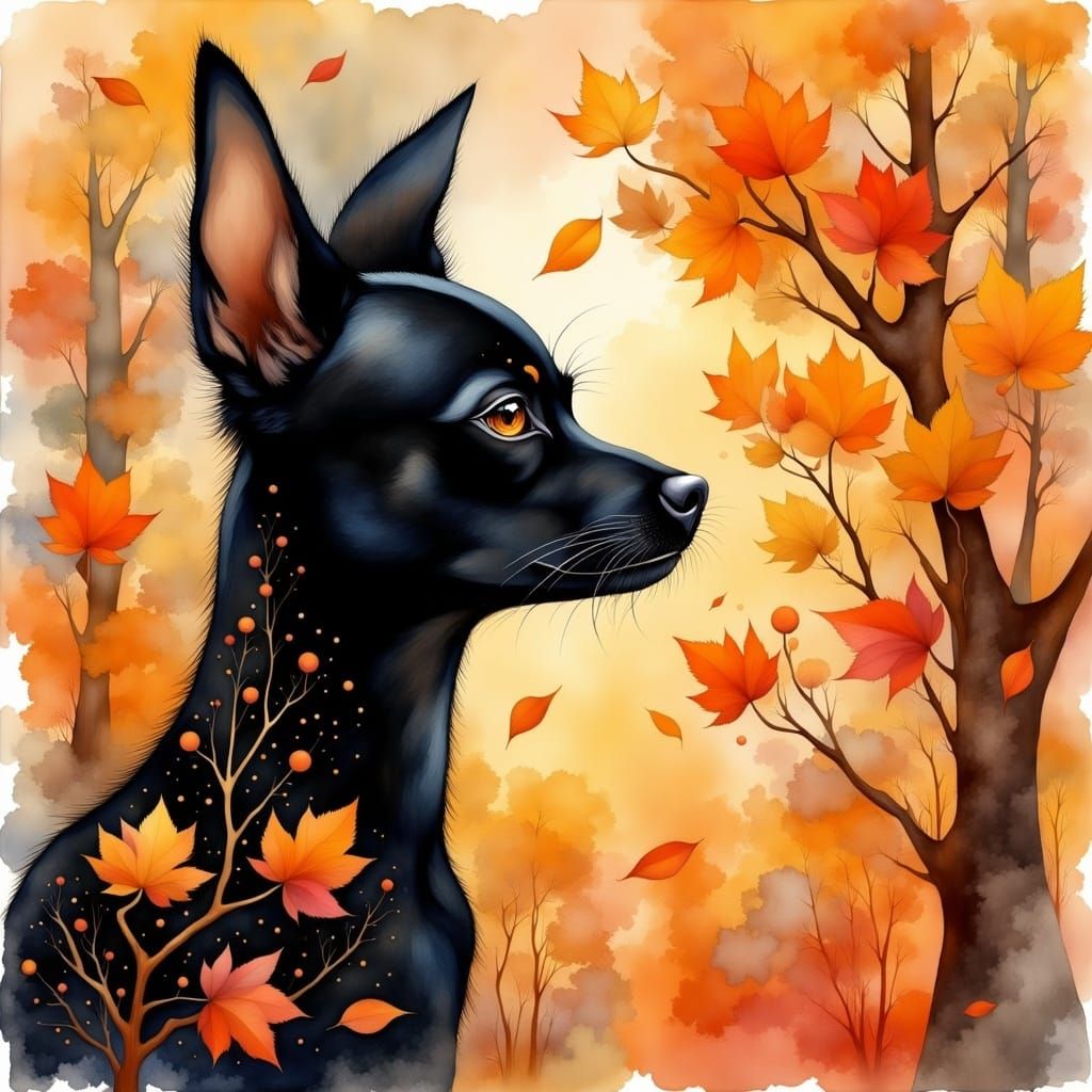 Chihuahua in Autumn Leaves: Expressive Watercolor Portrait