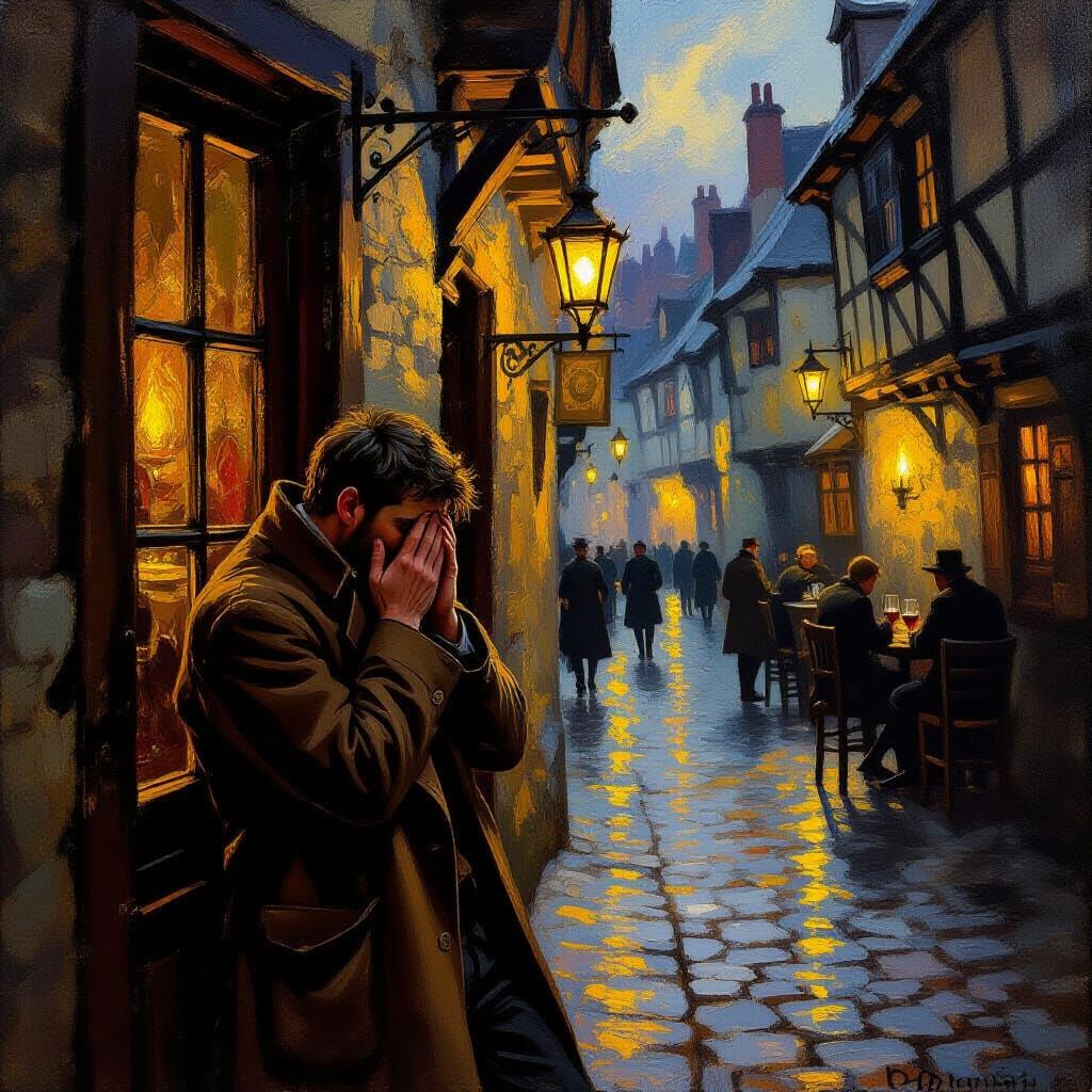 Man Seeks Solace at Medieval Tavern in Impressionist Style