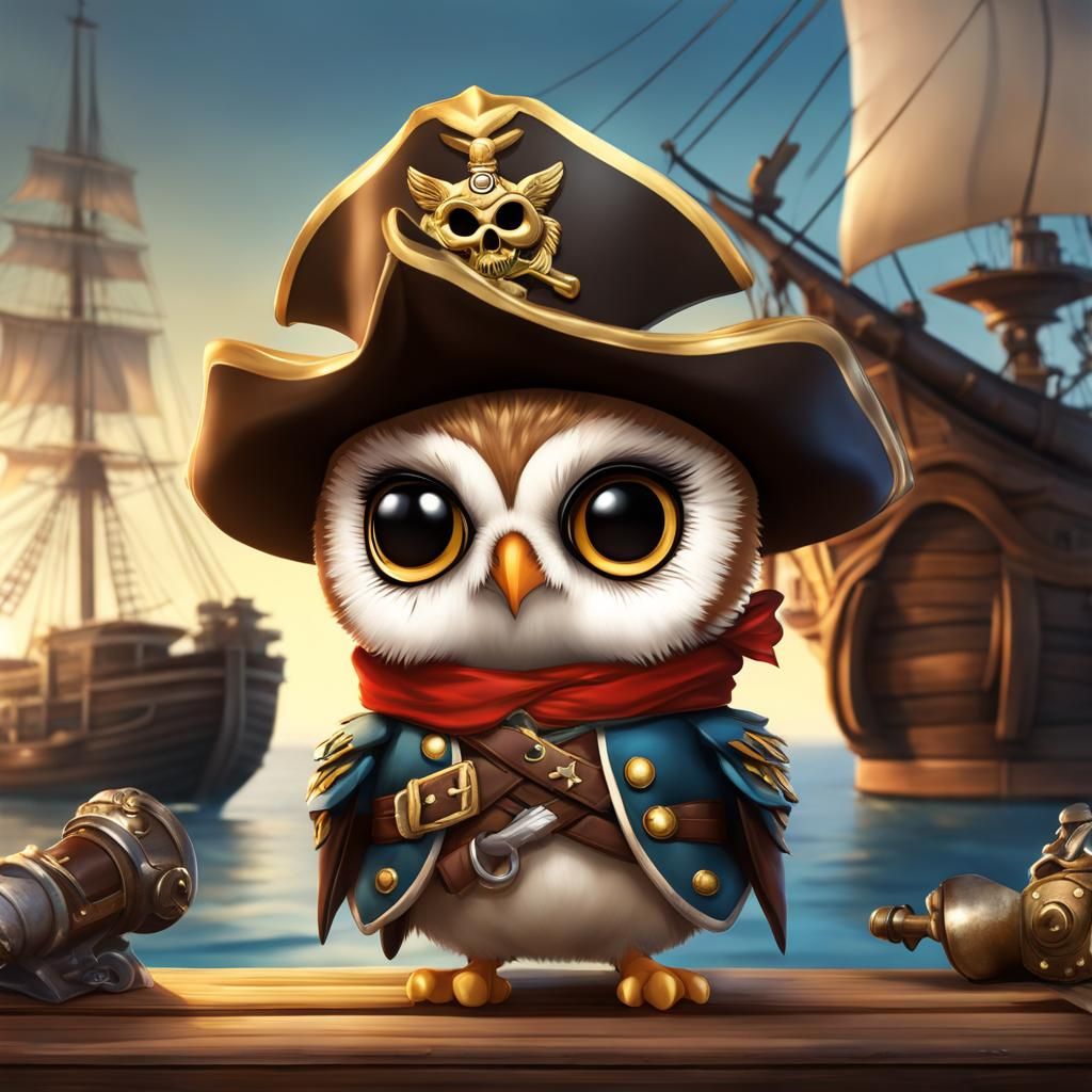 Chibi Owl Chick as Pirate on Harbor Dock