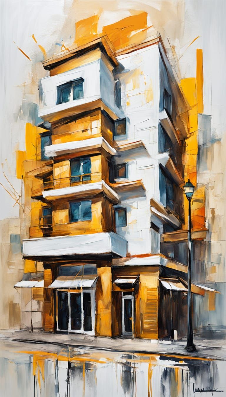 Bauhaus-Inspired Cafe Facade in Vibrant Golden Lines