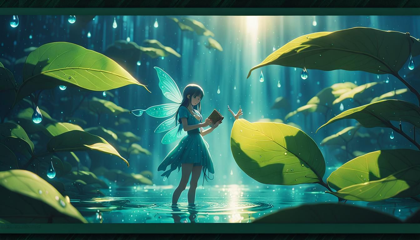 Anime Fairy Sipping Raindrop in Fantasy Manga Style