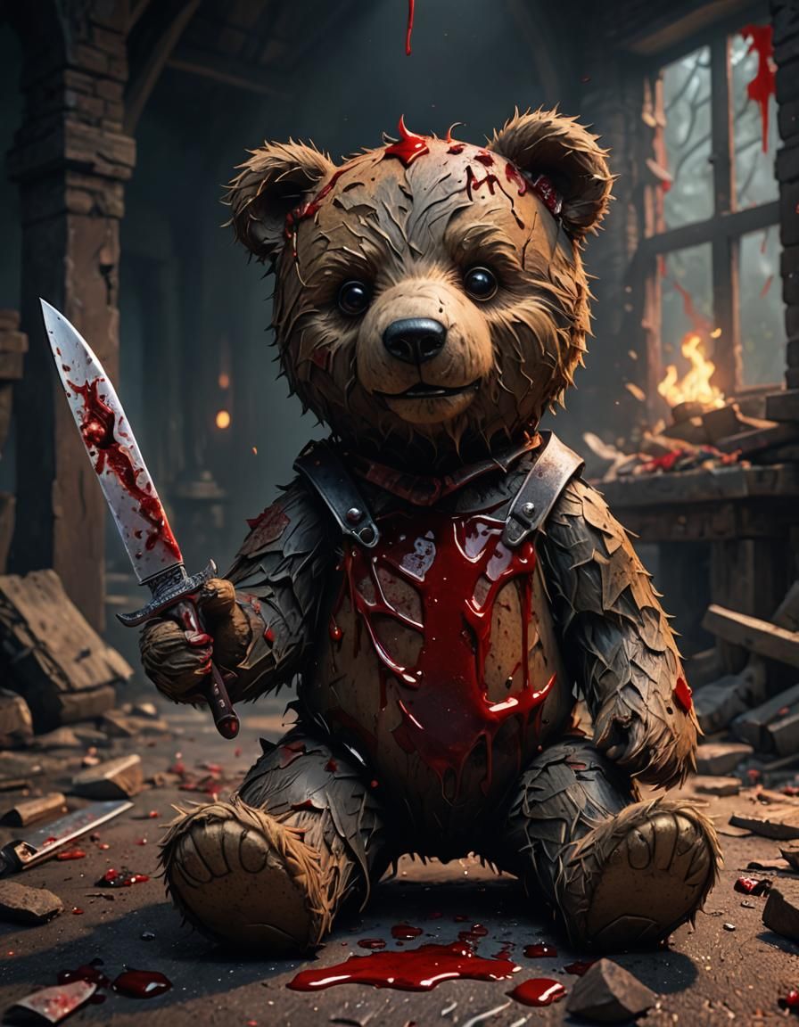Teddy Bear with Bloody Knife: Detailed Matte Painting