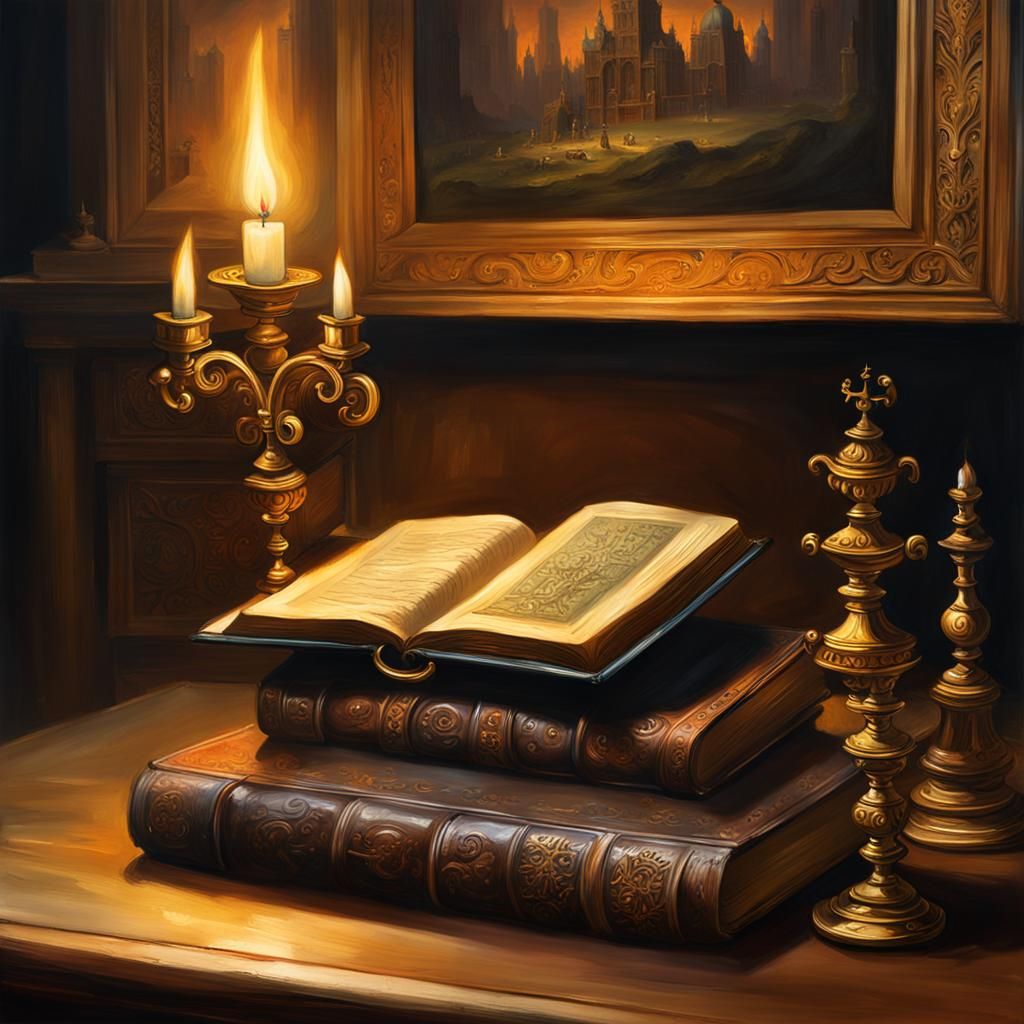 Mysterious Book in Baroque Study as Oil Painting
