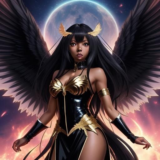 Anime-Style Black Woman with Wings in Gold