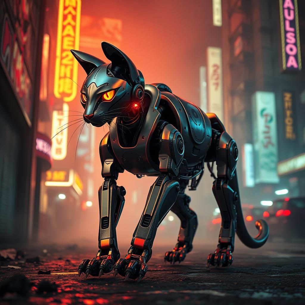 Metallic Robotic Cat in Retrofuturistic Cityscape