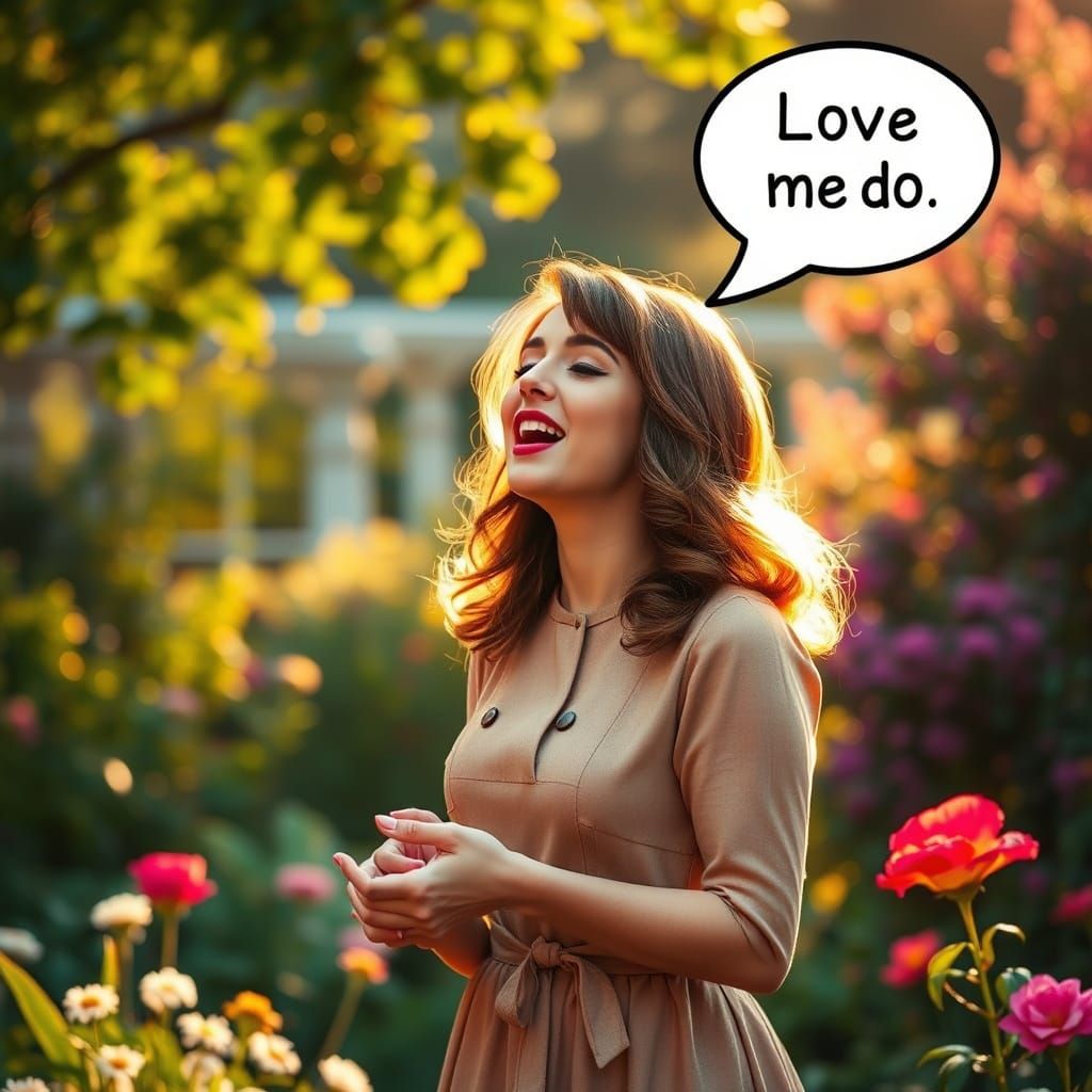 Romantic 1960s Woman Sings in Garden with Soft Golden Lighti...