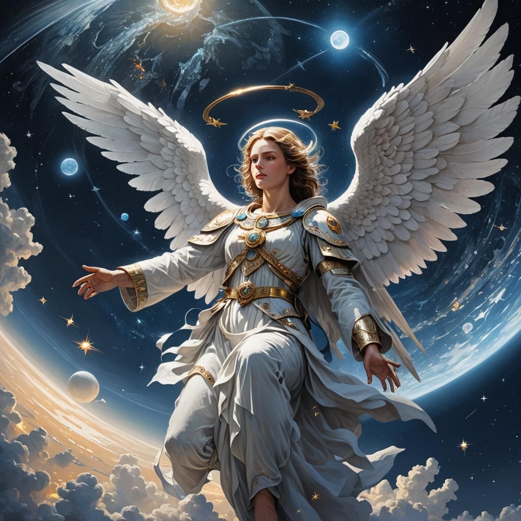 Angel Over Earth in Moonlit Starry Night